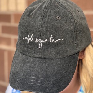 Embroidered Alpha Sigma Tau Cap - Officially Licensed Greek Baseball Cap - Alpha Sigma Tau Handwriting Hat