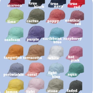 May include: A chart of 18 different colored baseball caps. The caps are arranged in three rows of six. The colors include maroon, true black, true navy, true red, lime, cactus, poppy, nautical red, seafoam, purple, caribbean blue, raspberry, tangerine, terracotta, white, hot pink, periwinkle, coral, light blue, aqua, lemon, light pink, stone, and faded black.