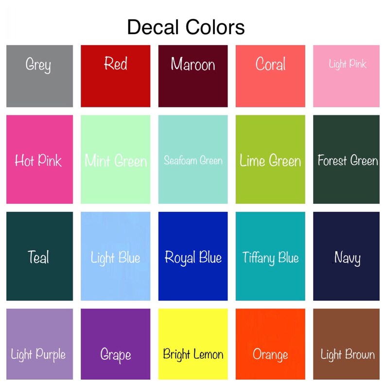 May include: A chart of 18 different color swatches with the names of each color written below the swatch. The colors include grey, red, maroon, coral, light pink, hot pink, mint green, seafoam green, lime green, forest green, teal, light blue, royal blue, tiffany blue, navy, light purple, grape, bright lemon, orange, and light brown.