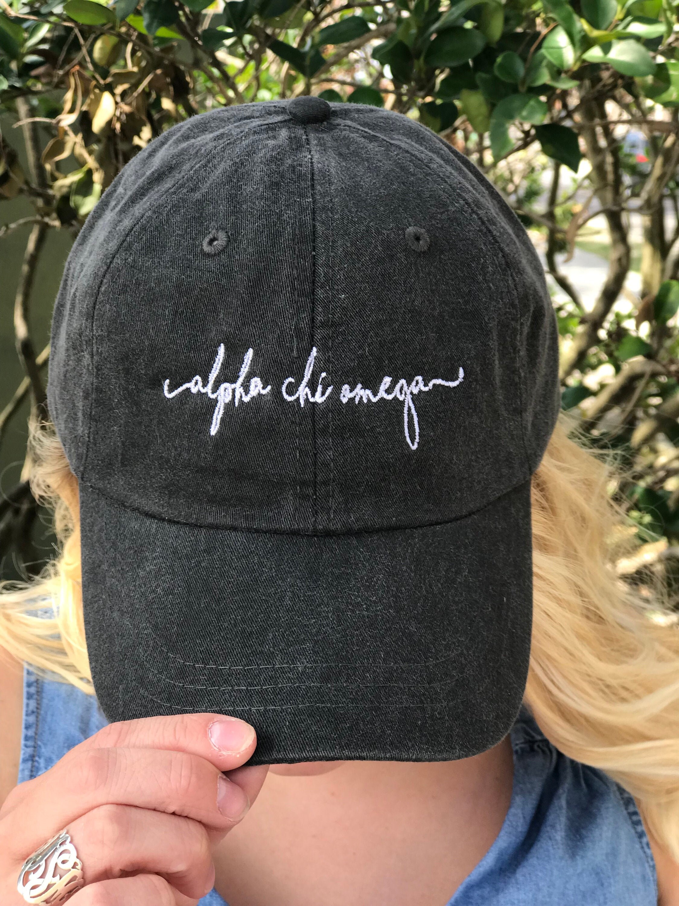 Embroidered Alpha Chi Omega Cap, Handwriting Script Baseball