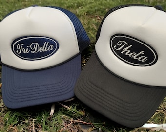 Custom Embroidered Foam Trucker Hat - Oval Script Personalized Greek Gift - Big Little Gifts - Sorority Gift Basket