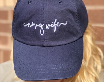 Embroidered Navy Wife Baseball Hat - Handwriting Script Caps