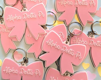3D Printed Custom Sorority Coquette Bow Keychains - Bid Day Rush Week Pennant Big Little Sorority Merch Gifts