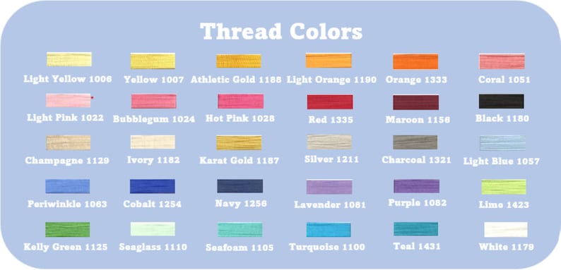 May include: A color chart titled "Thread Colors" with a light blue background. The chart displays a variety of thread colors, including yellow, pink, orange, red, and blue, each with a corresponding number. The colors are arranged in rows and columns.