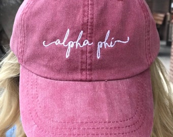 Embroidered ALPHA PHI Handwriting script baseball cap - Officially Licensed Greek Baseball Hat