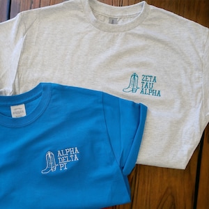Embroidered Custom Cowboy Boots Sorority Tee - Vintage Texas Western Short Sleeve Greek Shirt - Big Little Gift Baskets - Personalized Gifts