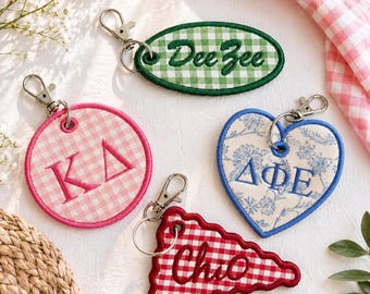 Custom Embroidered Sorority Keychain and Bag Tags - Pink Coquette Bow Pennant Banner Greek Gift Basket Stuffer - Back To School Accessories