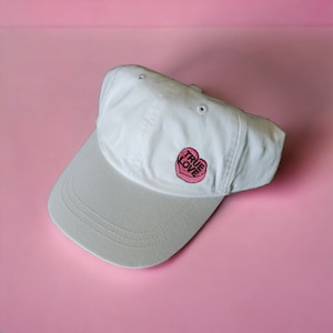 Custom Lower Left Heart Candy Valentines Day Cap - Distressed Mom Dad Cap - Custom Retro Cute Gift - True Love Be Mine Vintage Candy Heart