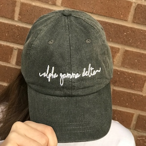 Embroidered ALPHA GAMMA DELTA Handwriting script baseball cap - Officially Licensed Greek Baseball Hat