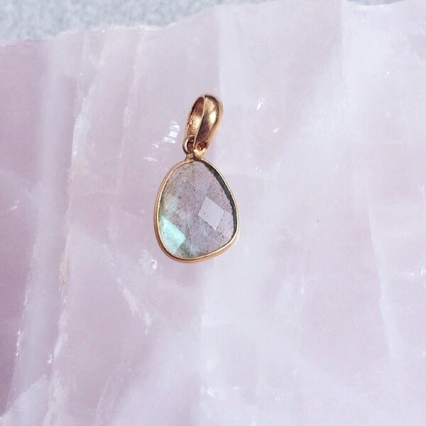 Handmade 14k Rose Gold Filled Faceted Labradorite Organic Pendant Necklace Gem Crystal Blue Green Facet Flash Sterling Silver Petite Dainty