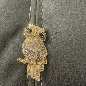 Owl jewled brooch Monet Pastel 2” rhinestone brooch in gold tone metal