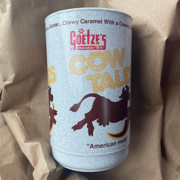 Vintage Goetze's COW TALES Candy Advertising Cup Tumbler Mug Whirley 46 oz