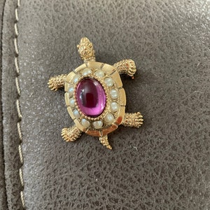 Turtle Brooch Faux Pearl Purple Glass