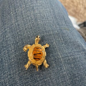 Vintage Gold Tone Turtle Pin with Yellow and Orange Shell