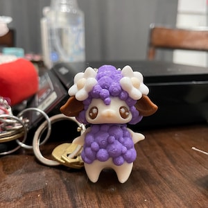 May include: A handcrafted keychain featuring a whimsical sheep figurine. The sheep has a purple body, white face and legs, brown ears, and is adorned with white flower accents. The keychain is attached to a metal ring with keys.