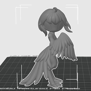 May include: A 3D-printed figurine of a stylised bird with large feathered wings and a rounded head. The bird is depicted in a grayscale colour scheme, with a detailed texture. The figure is standing on a textured surface.