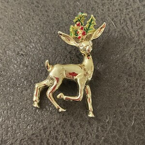 Vintage Christmas Reindeer Brooch enamel Holly Rudolf Pin Gerry’s Gold Tone