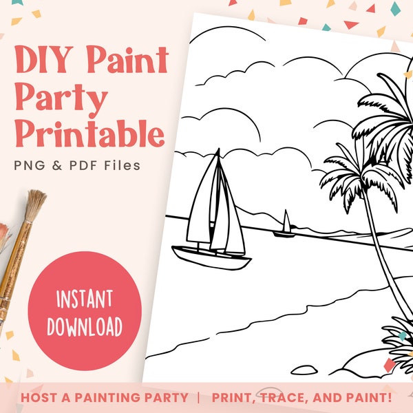 Beach Landscape, Sailboat, DIY Paint Party Template, Printable Canvas Art, Ladies Night or Adult Paint Events | PNG, PDF | Instant Download