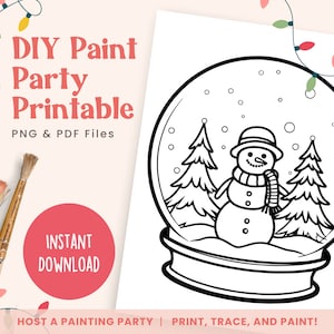 May include: Black and white printable coloring page featuring a snowman inside a snow globe. The snow globe has a simple design with a snowman, two pine trees, and snowflakes. The text "DIY Paint Party Printable" is at the top of the page.