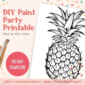 Può includere: Contorno di ananas stampabile in bianco e nero. DIY Paint Party Printable. File PNG e PDF. Download immediato. Organizza una festa di pittura. Stampa, traccia e dipingi!