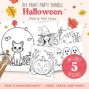 DIY Paint Party Templates, Halloween, 5 Designs Included, Printable Canvas for Autumn Paint Party, Paint Kit | PNG, PDF | Instant Download