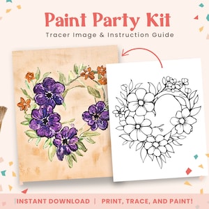 Florales Herz, DIY Paint Party Vorlage, druckbare Leinwandkunst für Ladies Night, Geburtstag oder Paint Party Events | PNG, PDF | Sofort Download