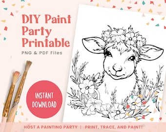 DIY Paint Party Template, Floral Sheep, Printable Canvas Art for Kids Party, Birthday, or Paint Party Events | PNG, PDF | Instant Download