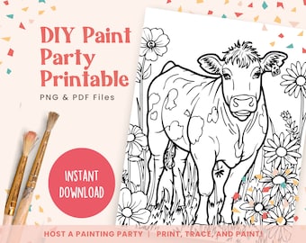 Dairy Cow, DIY Paint Party Template, Printable Canvas Art for Kids Party, Birthday, or Paint Party Sip Events | PNG, PDF | Instant Download