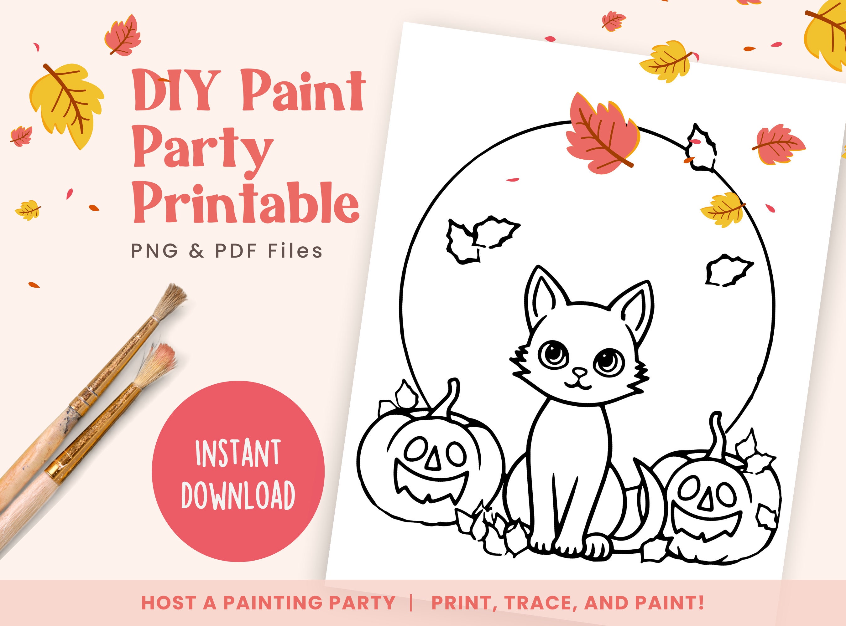 DIY Paint Party Templates, Full Moon Black Cat, Printable Canvas for ...