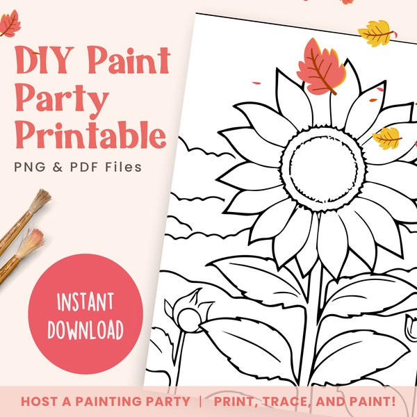 DIY Paint Party Templates, Sunflower, Printable Canvas Line Art for Ladies Night, Autumn Sip Painting Party | PNG, PDF | Instant Download