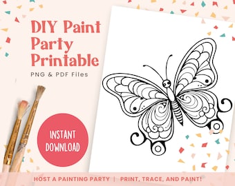 May include: Black and white printable outline of a butterfly with intricate details. The printable is titled "DIY Paint Party Printable" and includes the text "PNG & PDF Files" and "INSTANT DOWNLOAD".