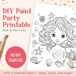 DIY Paint Party Templates, Mermaid Girl, Printable Canvas Art for Painting Party, Kids Birthday, Art Party | PNG, PDF | Instant Download
