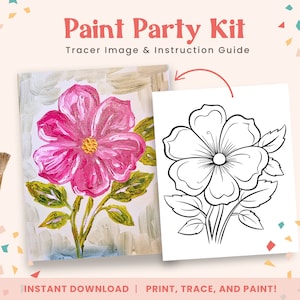 Puede incluir: Un kit de pintura para fiestas imprimible con un dibujo en blanco y negro de una flor rosa con hojas verdes. El kit incluye una imagen trazable e instrucciones para pintar.