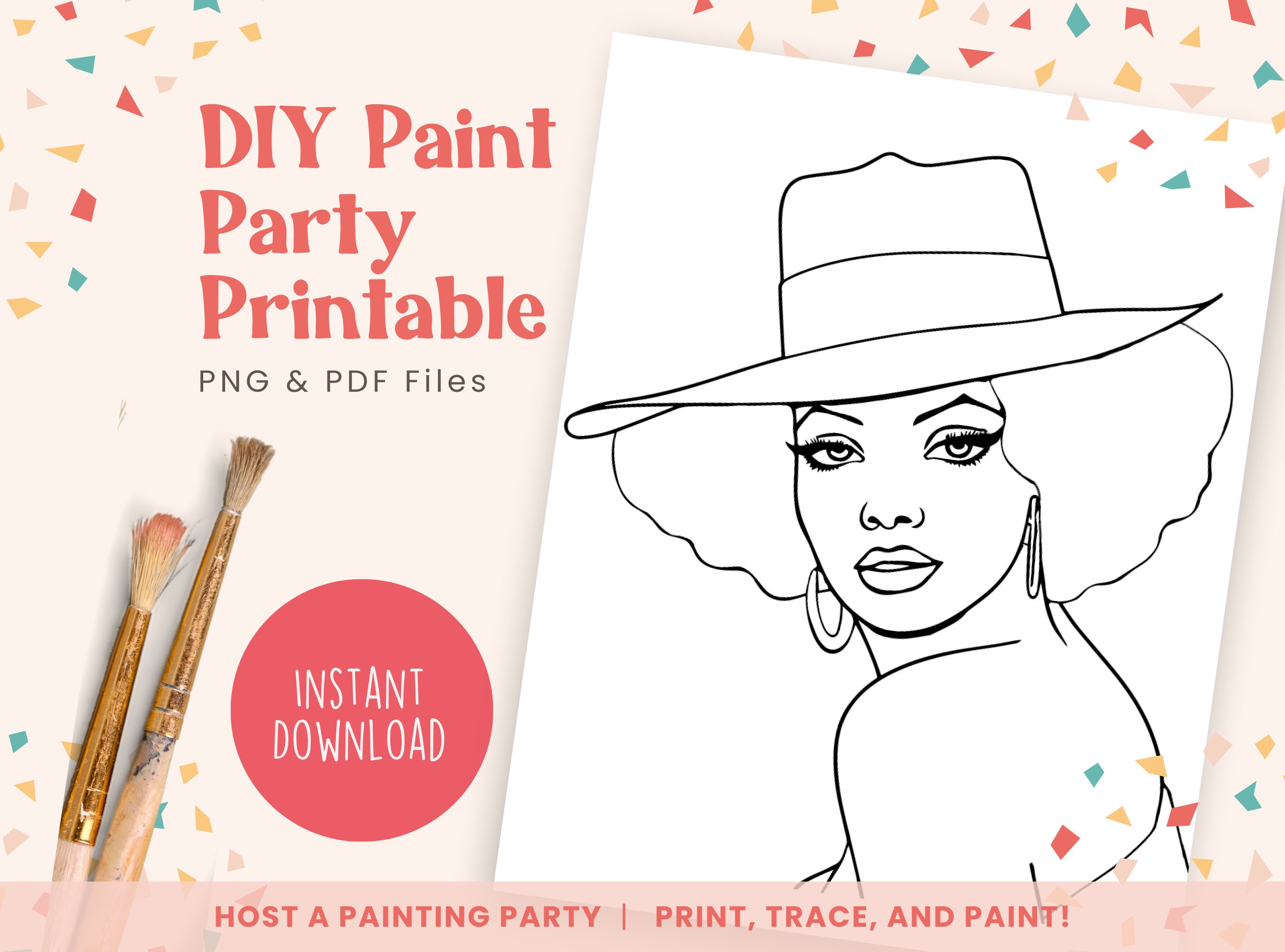Afro Woman in Hat, DIY Paint Party Template, Printable Canvas Art for ...