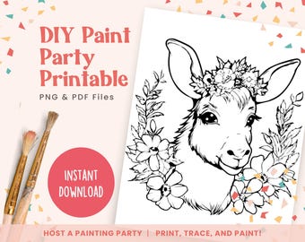 DIY Paint Party Template, Floral Donkey, Printable Canvas Art for Kids Party, Birthday, or Paint Party Events | PNG, PDF | Instant Download