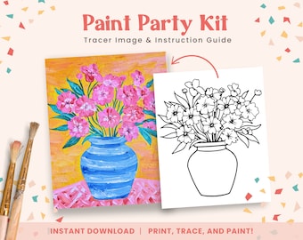 May include: A printable paint party kit featuring a black and white line drawing of a vase of flowers. The kit includes a tracer image and instructions for painting.