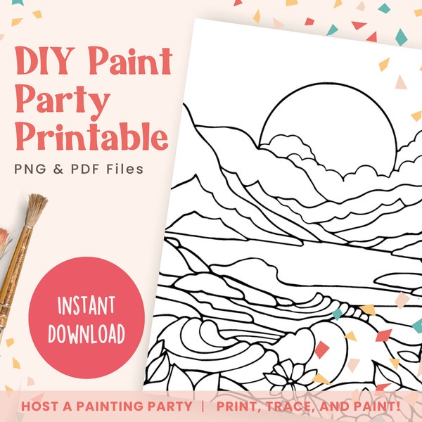 Boho Sunset Landscape, DIY Paint Party Template, Printable Canvas Art, Ladies Night or Adult Paint Events | PNG, PDF | Instant Download