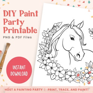 DIY Paint Party Template, Floral Horse, Printable Canvas Art for Kids Party, Birthday, or Paint Party Events | PNG, PDF | Instant Download