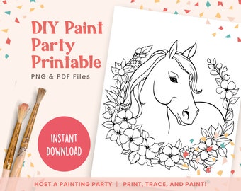 DIY Paint Party Template, Floral Horse, Printable Canvas Art for Kids Party, Birthday, or Paint Party Events | PNG, PDF | Instant Download