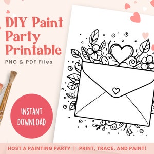 Día de San Valentín, Carta de amor floral, Plantillas de fiesta de pintura DIY, Lienzo imprimible para fiesta de pintura para adultos o niños / PNG, PDF / Descarga instantánea