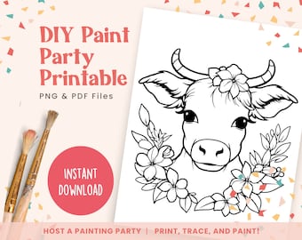 DIY Paint Party Template, Floral Cow, Printable Canvas Art for Kids Party, Birthday, or Paint Party Sip Events | PNG, PDF | Instant Download