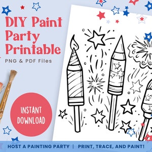 Könnte beinhalten: Schwarz-weiß druckbare Malvorlage mit Feuerwerk und Sternen. Der Text "DIY Paint Party Printable" befindet sich oben auf der Seite. PNG- und PDF-Dateien sind enthalten.