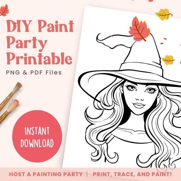 DIY Paint Party Templates, Woman in Witch Hat, Printable Canvas for Halloween, Fall Paint Party, Paint Kit | PNG, PDF | Instant Download