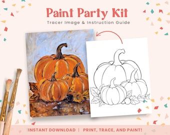 May include: A printable paint party kit featuring a tracing image of three pumpkins with leaves. The image is in black and white and can be used to create a painting.