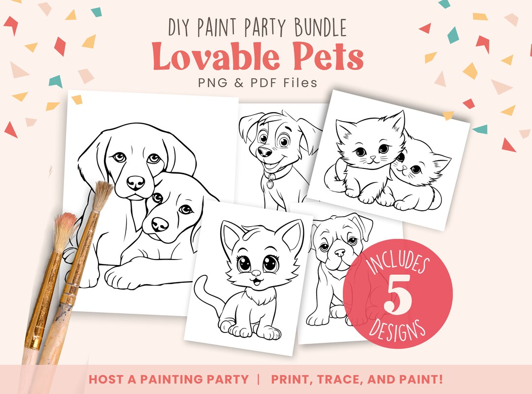 DIY Paint Party Templates, Lovable Pets, 5 Designs Included, Printable ...