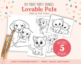 May include: Five black and white line art images of pets, including a dog, a cat, and a pug. The images are on white backgrounds and are ready to be colored in. The text "DIY PAINT PARTY BUNDLE" and "Lovable Pets" is at the top of the image. The text "INCLUDES 5 DESIGNS" is at the bottom of the image.