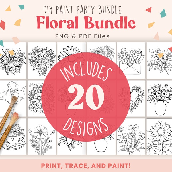 Paquete floral, 20 diseños incluidos plantillas para fiestas de pintura DIY, arte en lienzo imprimible para la noche de damas, fiesta de arte / PNG, PDF / descarga instantánea