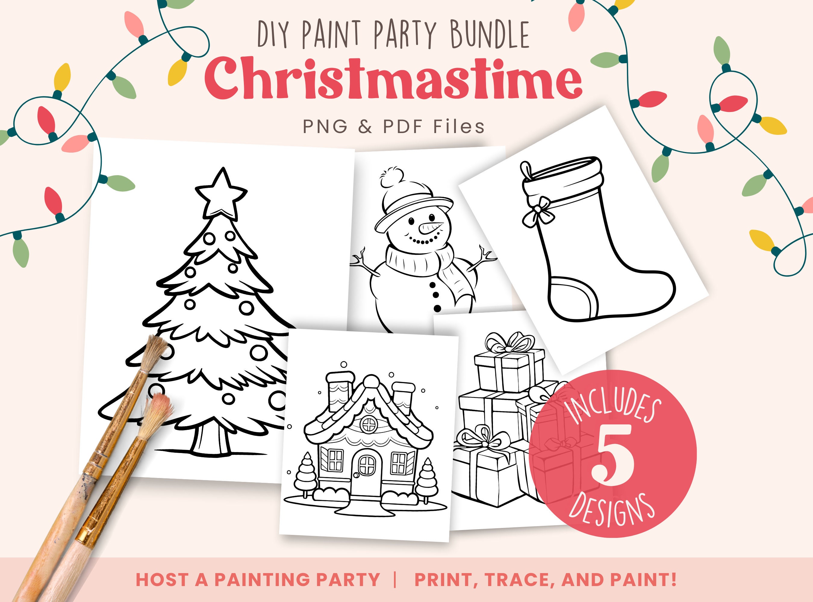 DIY Paint Party Templates, Christmastime, 5 Designs Included, Printable Canvas for Paint Party, Ladies Night | PNG, PDF | Instant Download