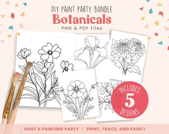 Könnte beinhalten: Ein Set mit fünf druckbaren botanischen Illustrationen für eine DIY-Malkparty. Die Illustrationen zeigen verschiedene Blumen, darunter Iris, Kosmos und Chrysanthemen. Der Text "DIY Paint Party Bundle Botanicals PNG & PDF Files" befindet sich oben im Bild. Der Text "Includes 5 Designs" befindet sich in einem roten Kreis unten im Bild. Der Text "HOST A PAINTING PARTY PRINT, TRACE, AND PAINT!" befindet sich unten im Bild.
