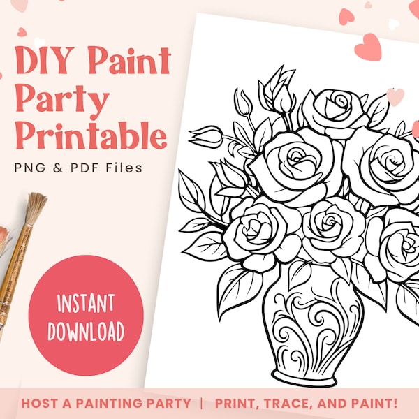 Bouquet of Roses, Spring Flowers, DIY Paint Party Templates, Printable Canvas for Adult or Kids Paint Party | PNG, PDF | Instant Download